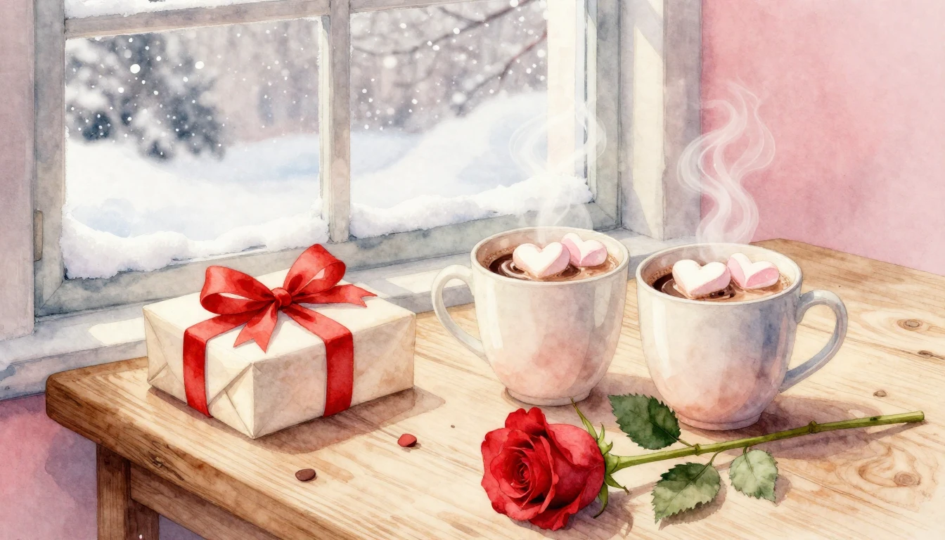 A soft and romantic watercolor illustration depicting a cozy...