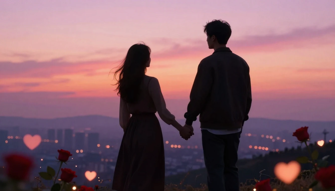 A romantic and dreamy scene featuring two silhouetted figure...