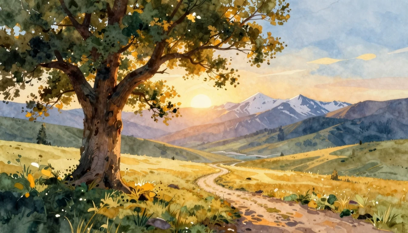 A beautiful watercolor painting depicting a vast, sun-drench...
