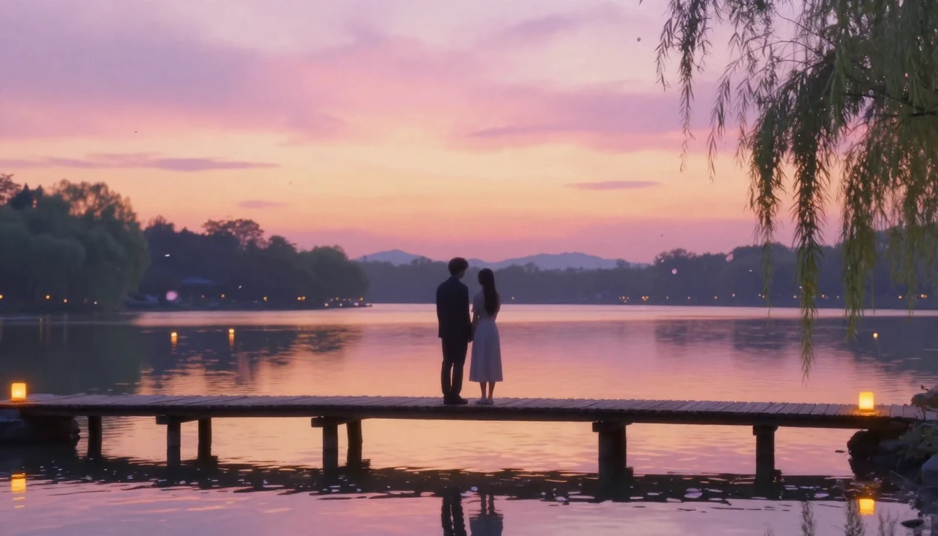 A dreamy and romantic scene featuring two silhouettes of a c...