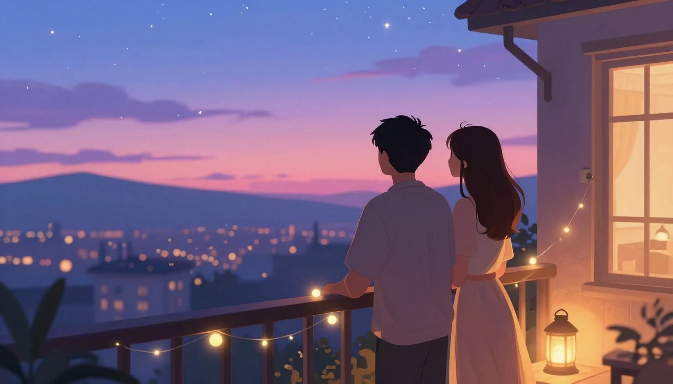 A romantic digital art illustration of a couple standing on ...