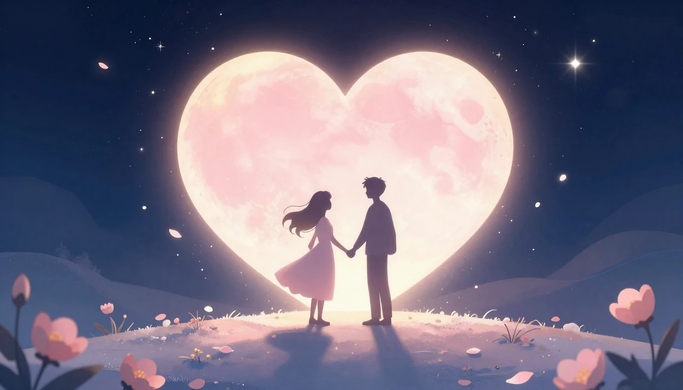 A romantic and whimsical illustration featuring two stylized...