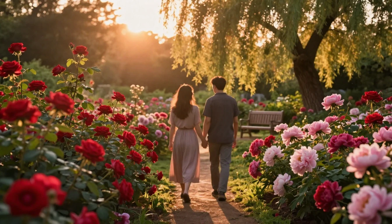 A heartwarming and cozy scene at golden hour in a lush, bloo...