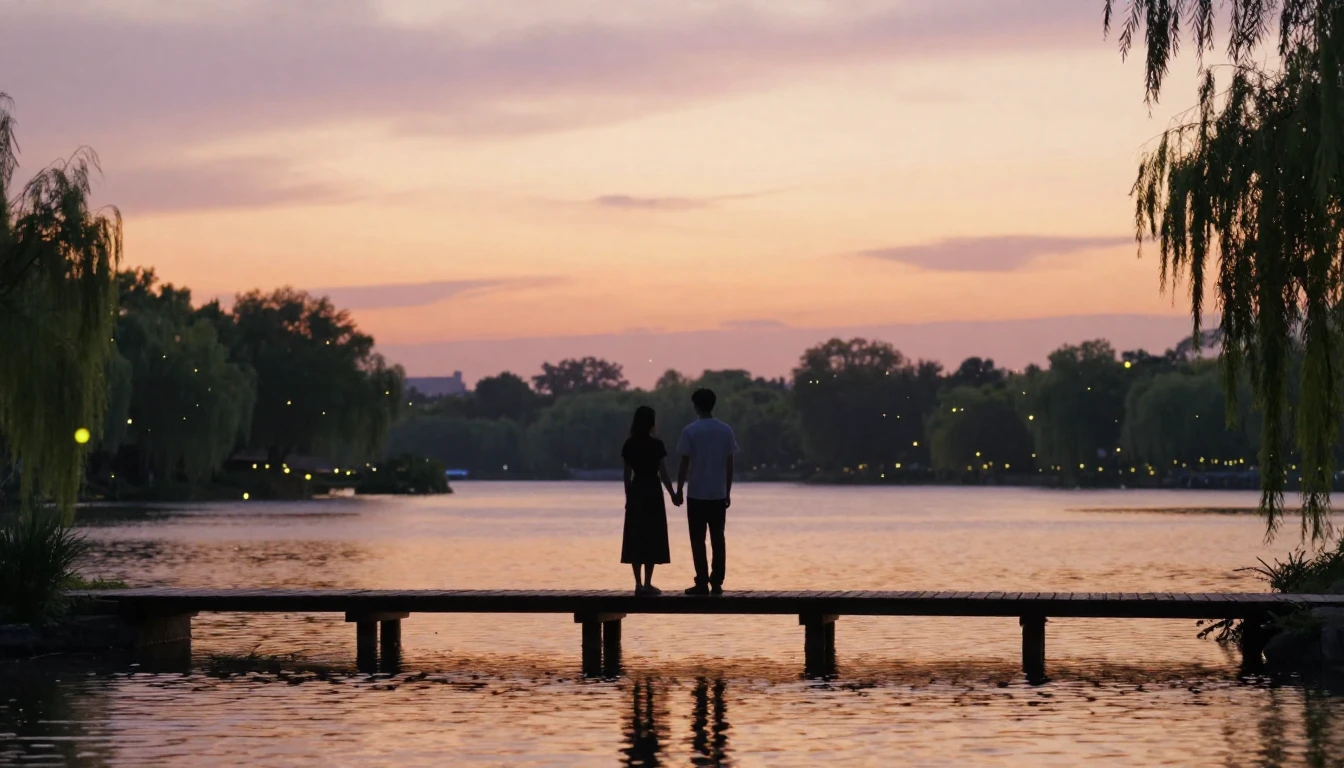 A romantic and dreamy scene featuring two silhouettes of a c...