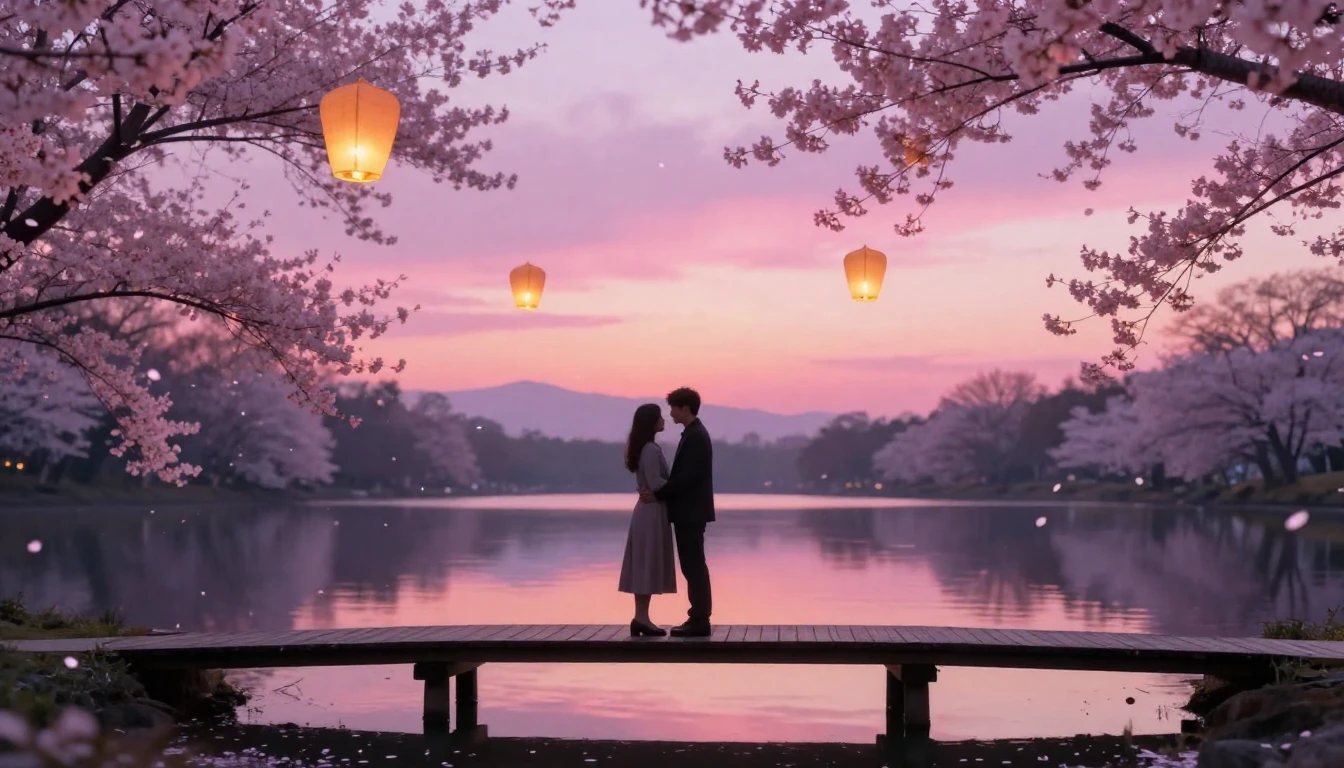 A romantic dreamlike scene featuring two silhouettes of a co...