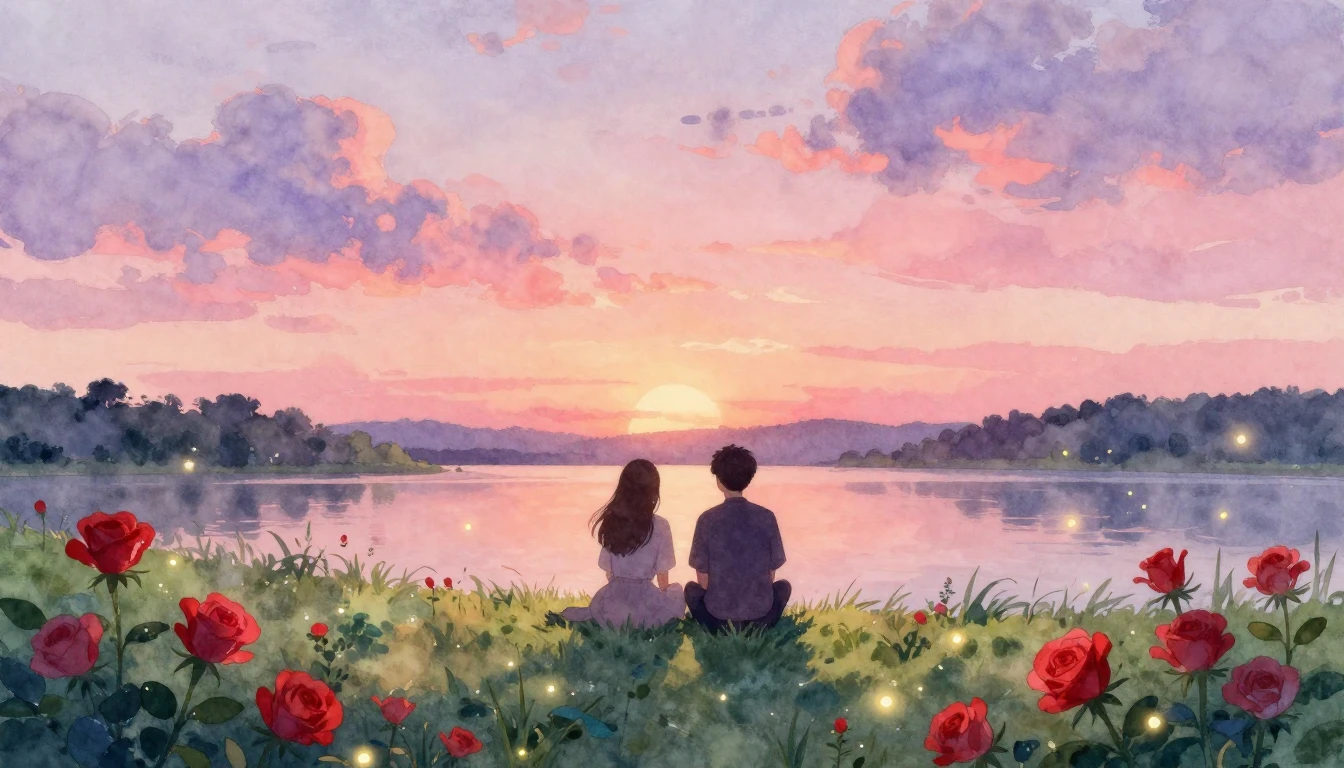 A soft and romantic watercolor painting depicting two silhou...