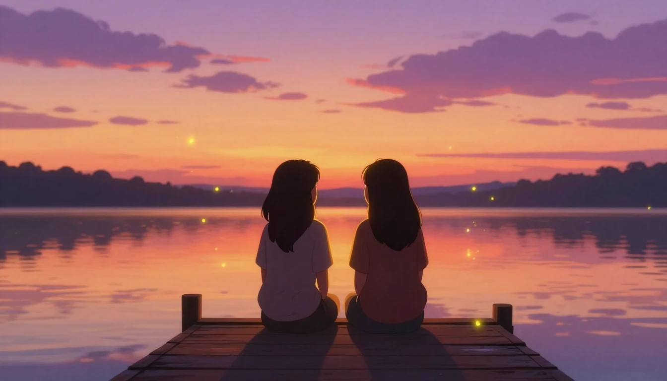 Digital art illustration of two best friends sitting side-by...