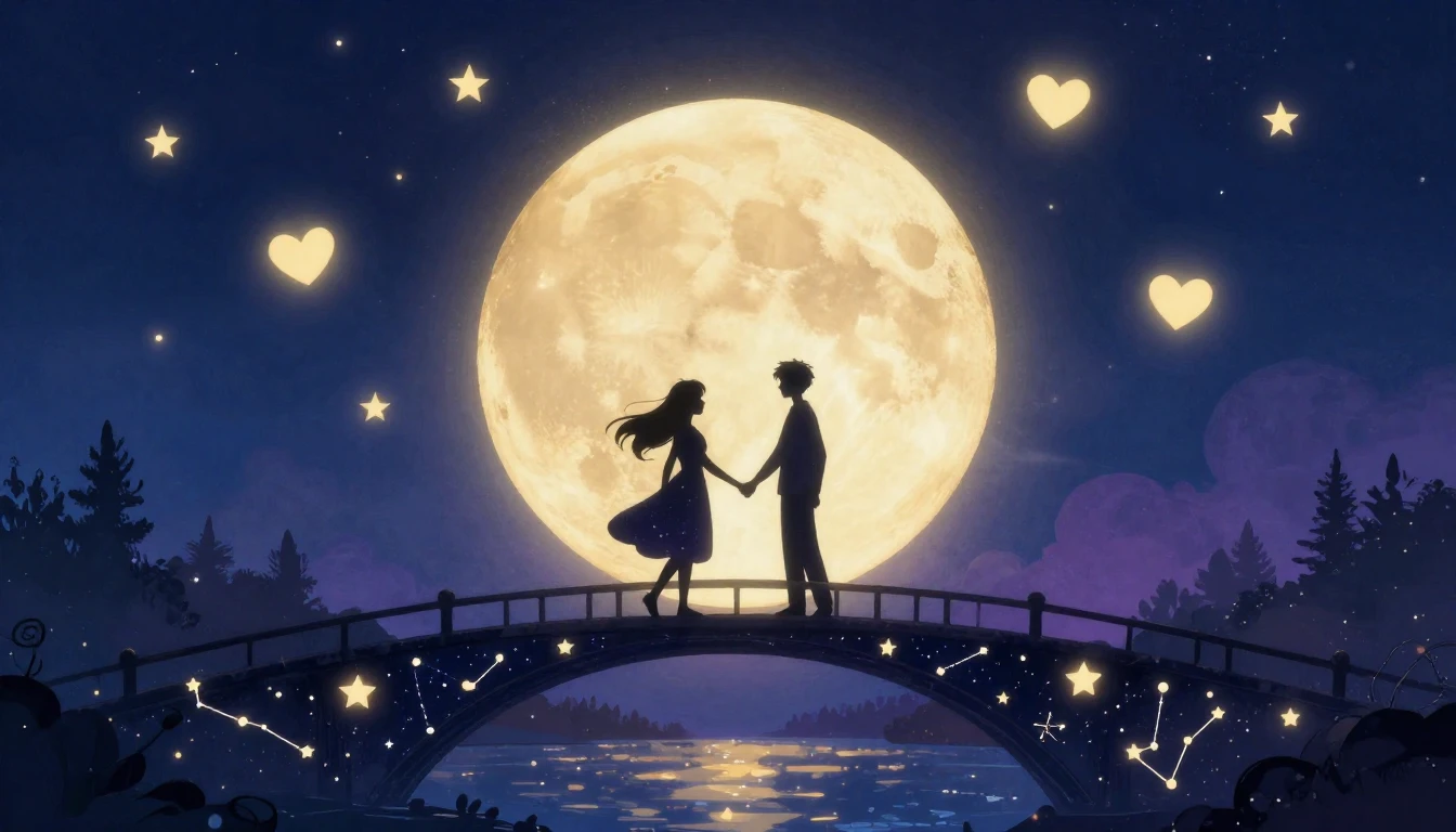 A romantic and whimsical illustration featuring two silhouet...