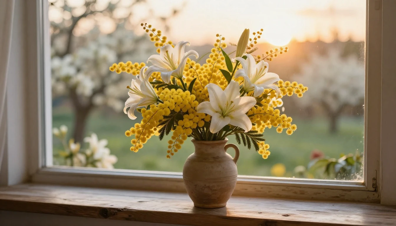 A heartwarming and serene composition featuring a lush bouqu...