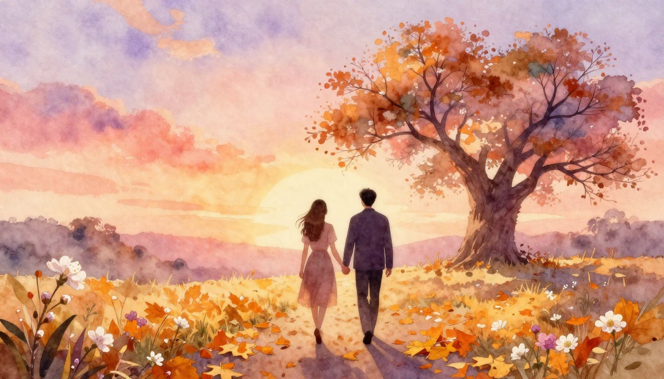 A soft and romantic watercolor painting depicting two silhou...