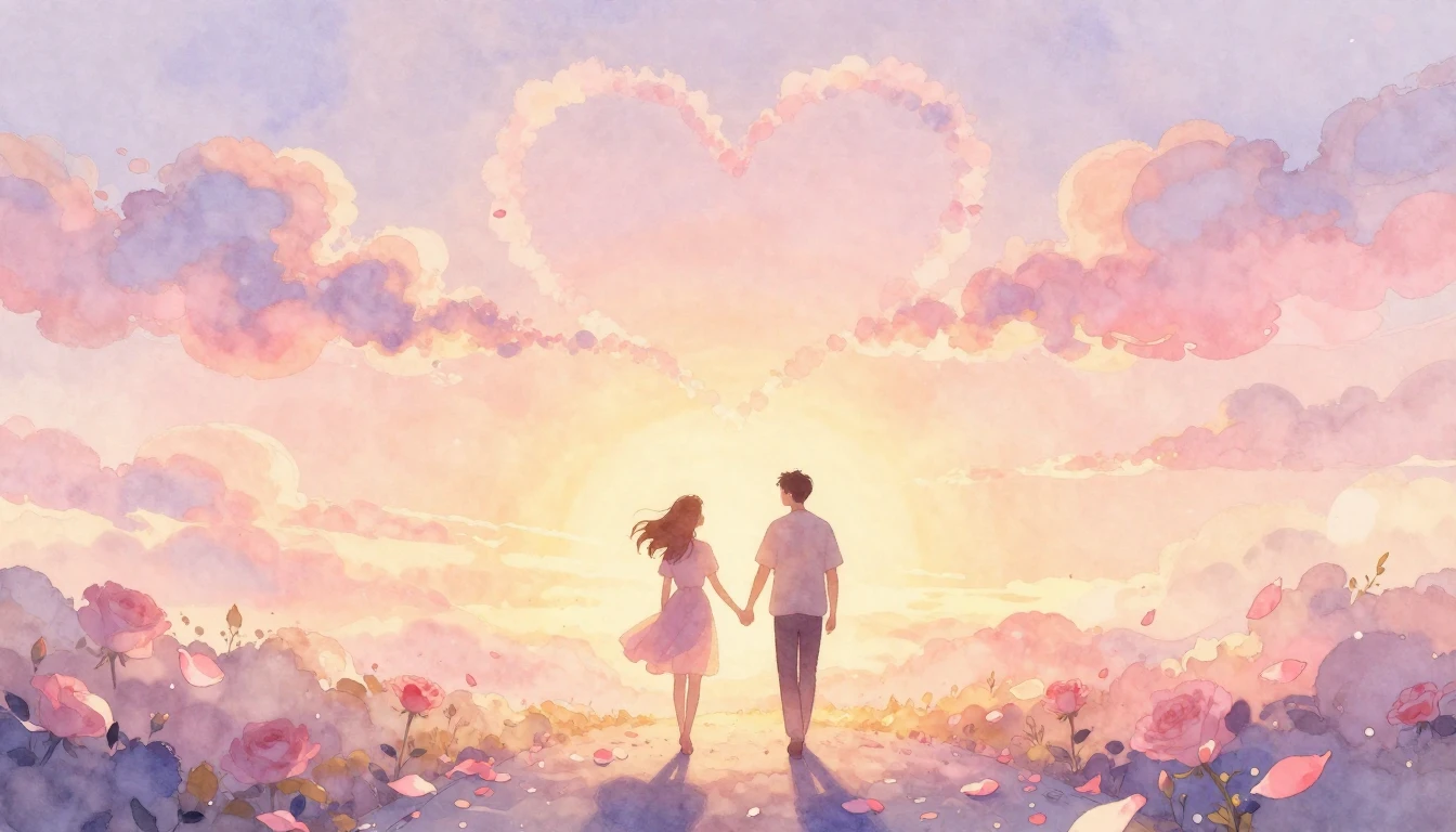 A whimsical and romantic watercolor painting depicting two i...