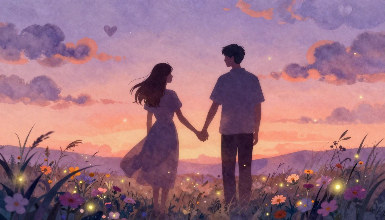 A soft and dreamy watercolor illustration depicting two silh...