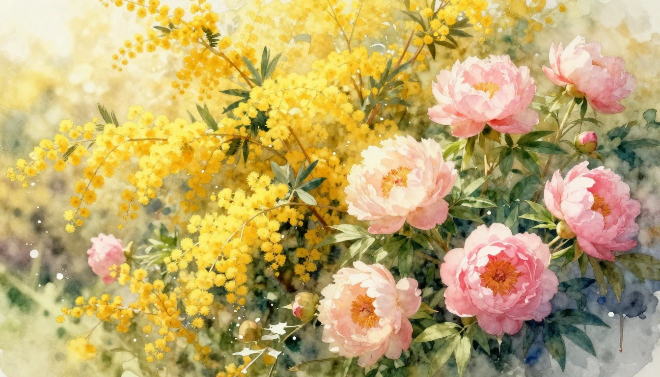 A breathtaking watercolor painting of a sun-drenched garden ...
