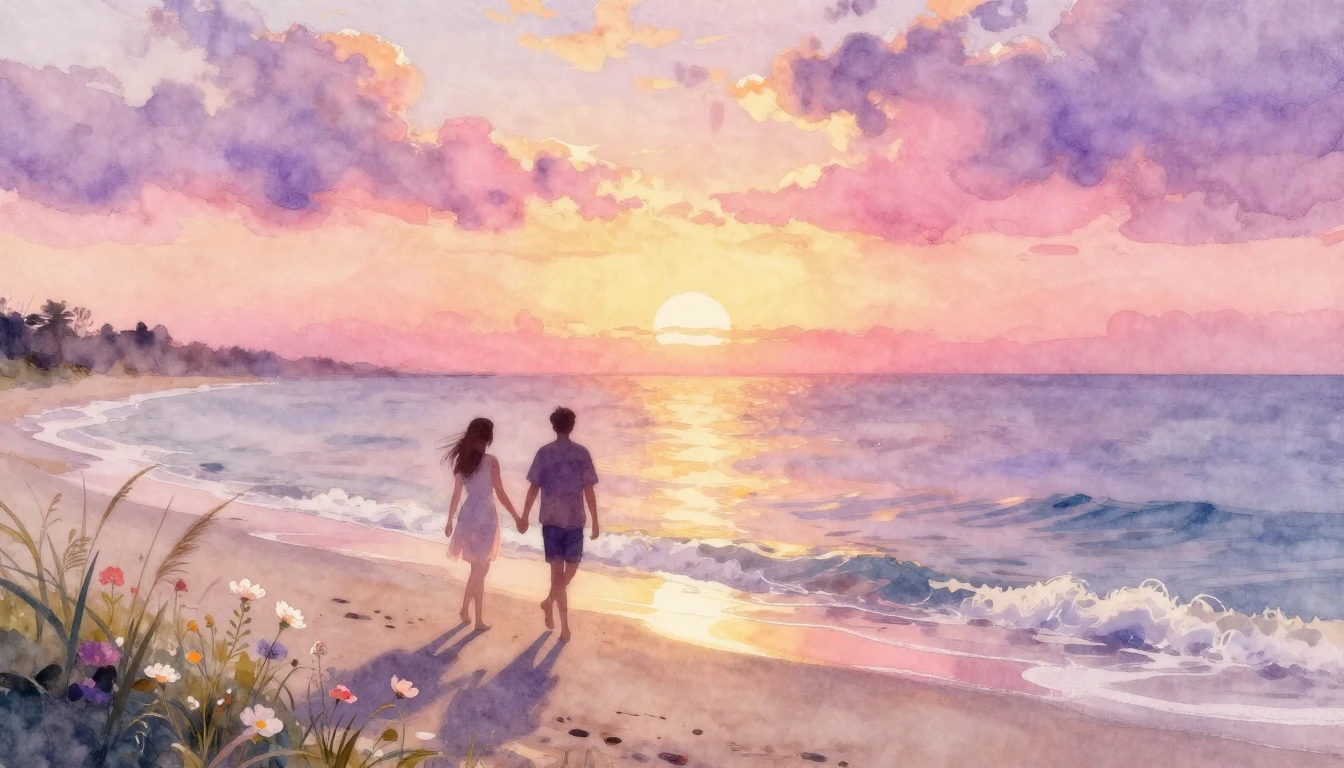 A dreamy and ethereal watercolor painting depicting a romant...