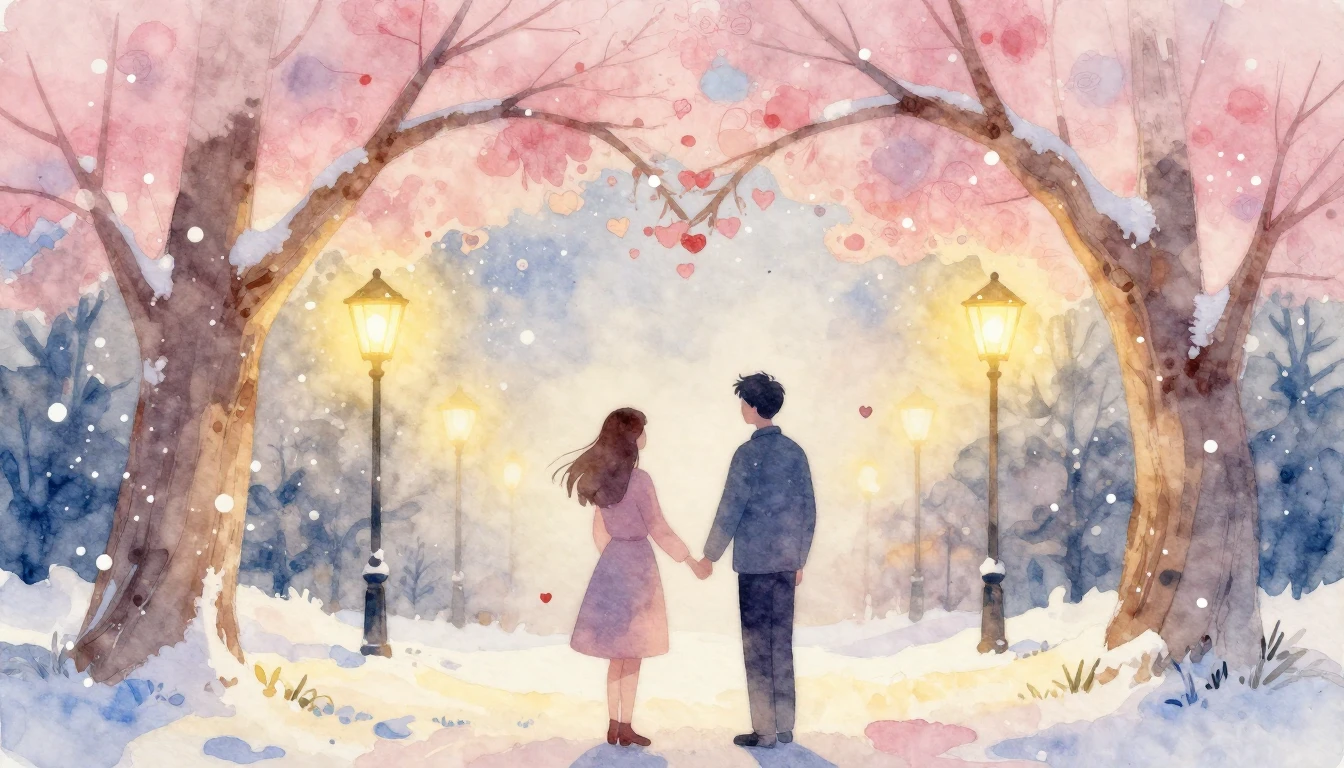 Soft and dreamy watercolor painting. Two stylized silhouette...
