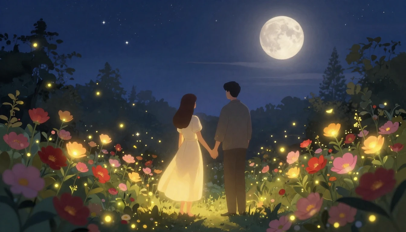 A dreamlike and romantic scene featuring two glowing silhoue...