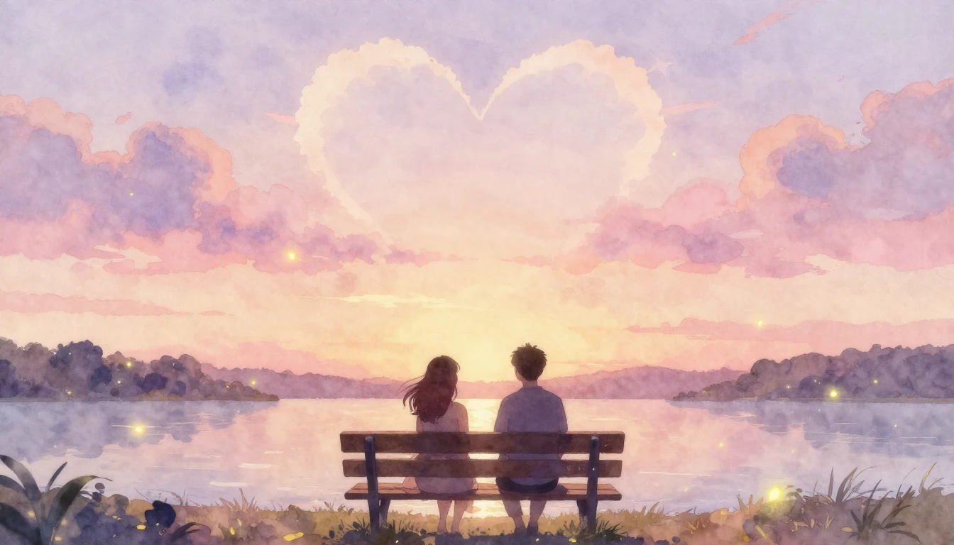 A soft and dreamy watercolor painting depicting two silhouet...