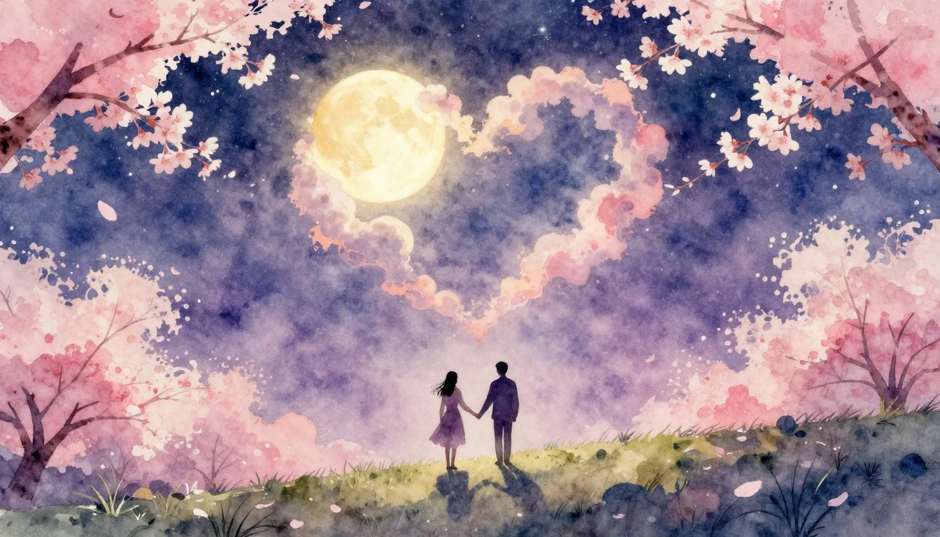 A romantic watercolor painting featuring two silhouette figu...