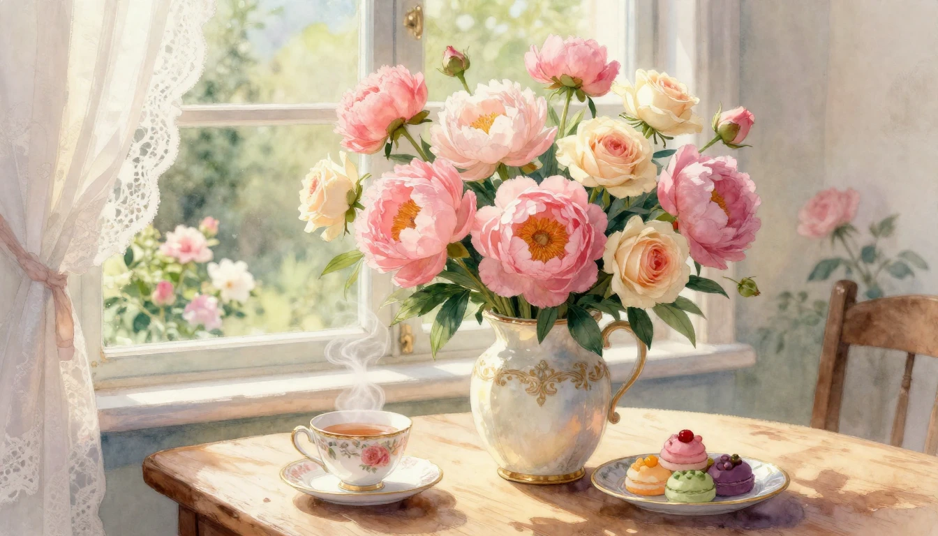 A beautiful and delicate watercolor painting of a lush bouqu...