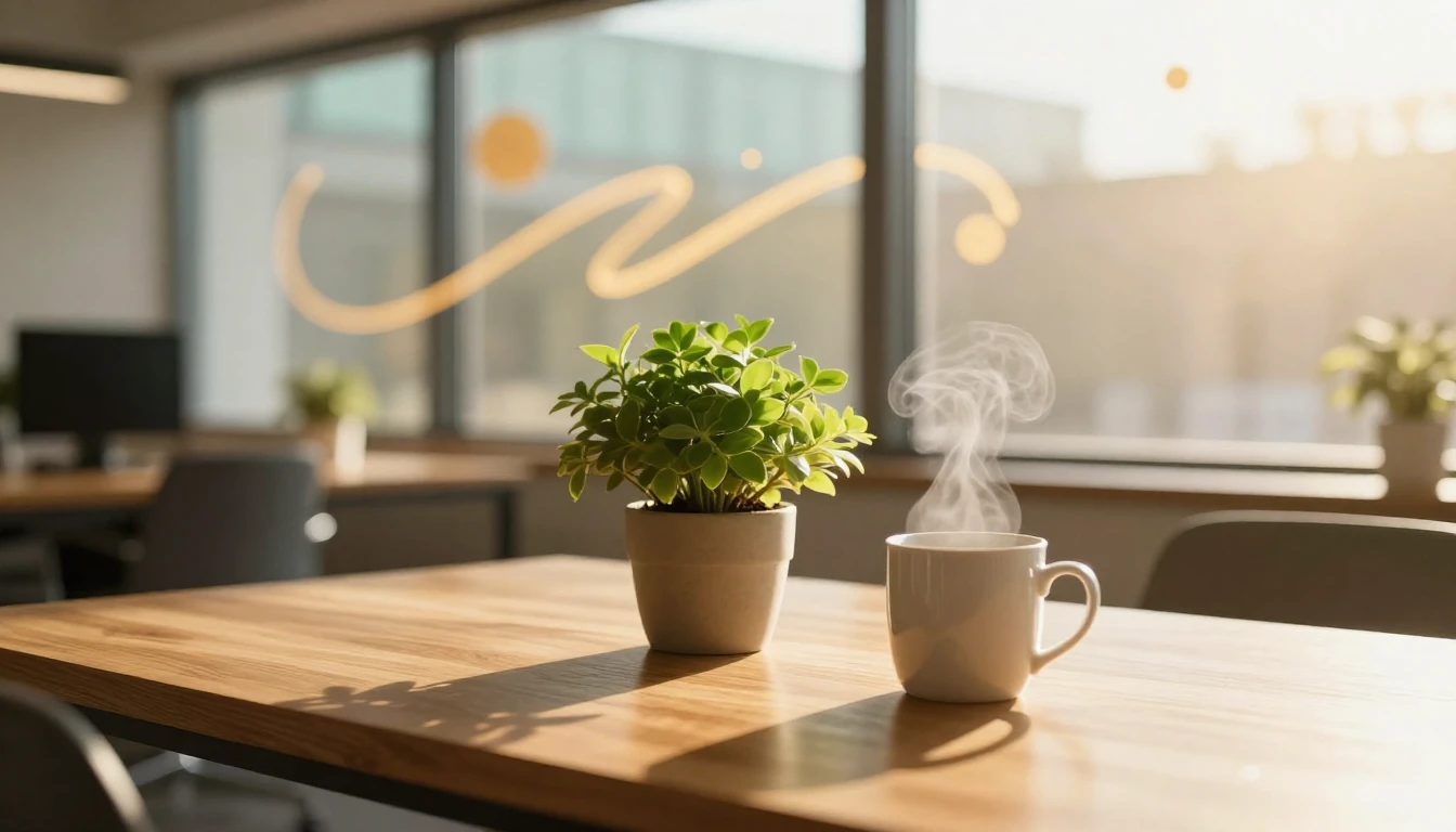 A warm and inviting modern workspace bathed in soft, golden ...