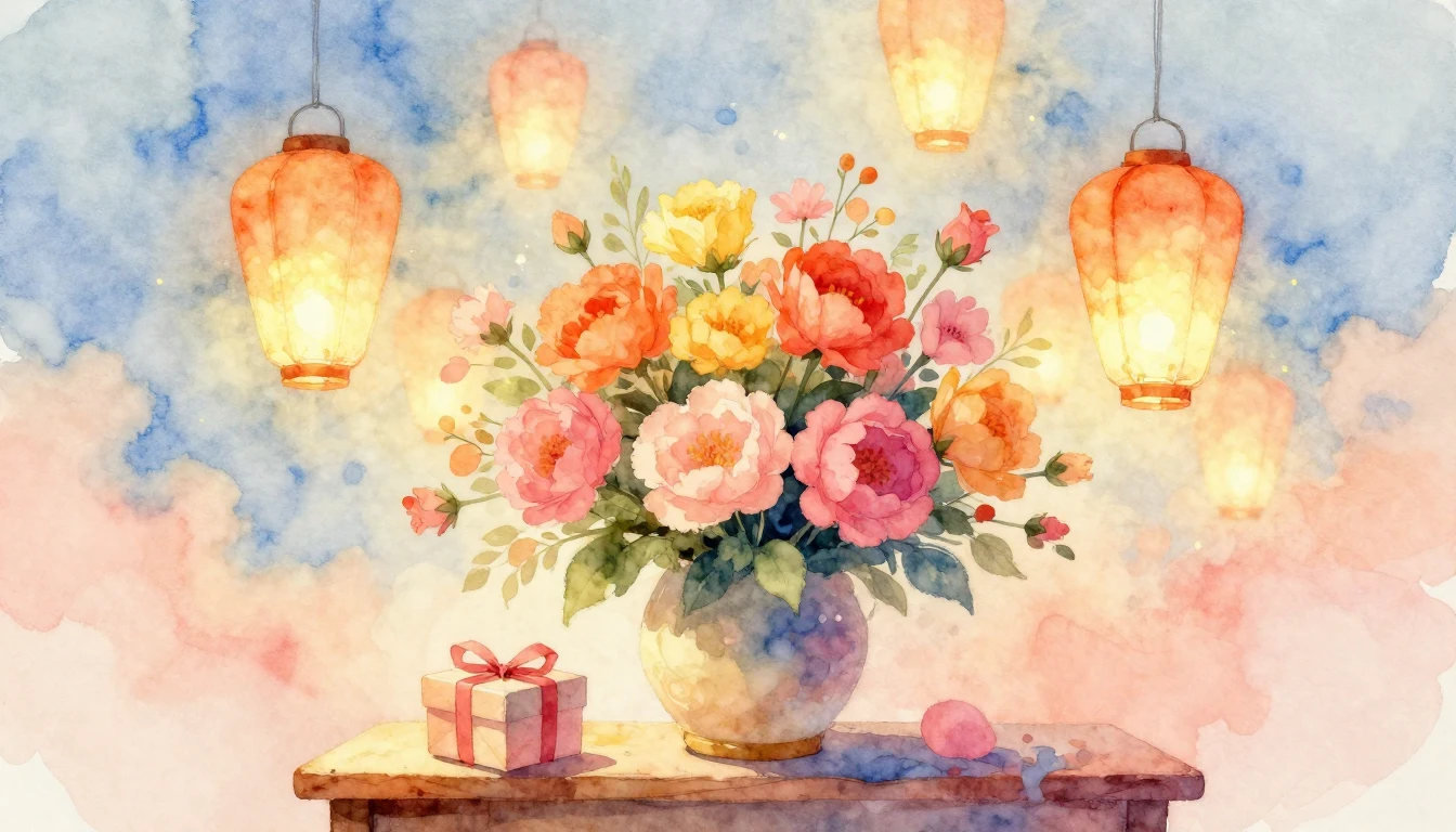 A soft and dreamy watercolor painting depicting a festive an...