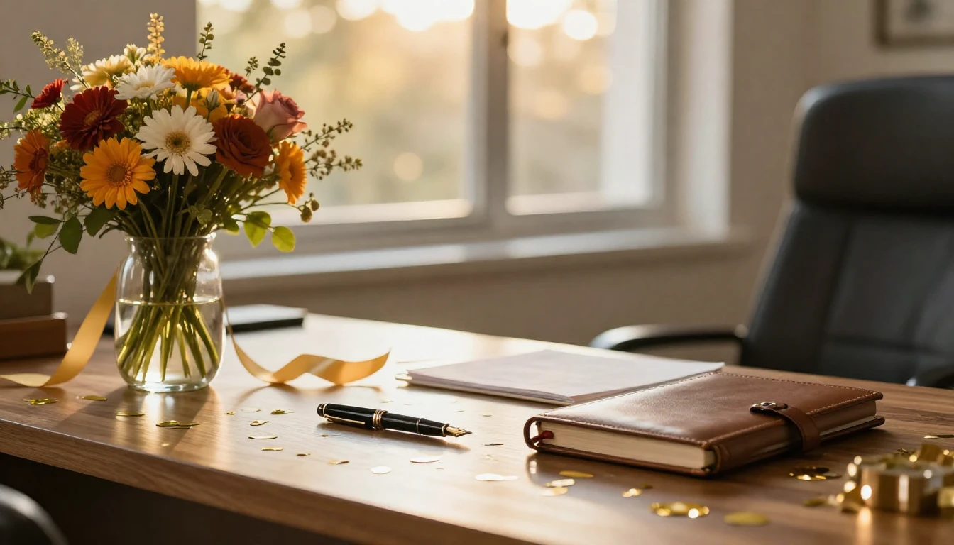 A warm and celebratory scene featuring a stylish wooden offi...