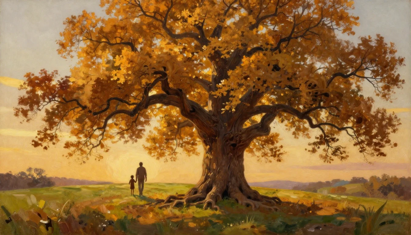 A majestic, large golden oak tree standing strong on a gentl...