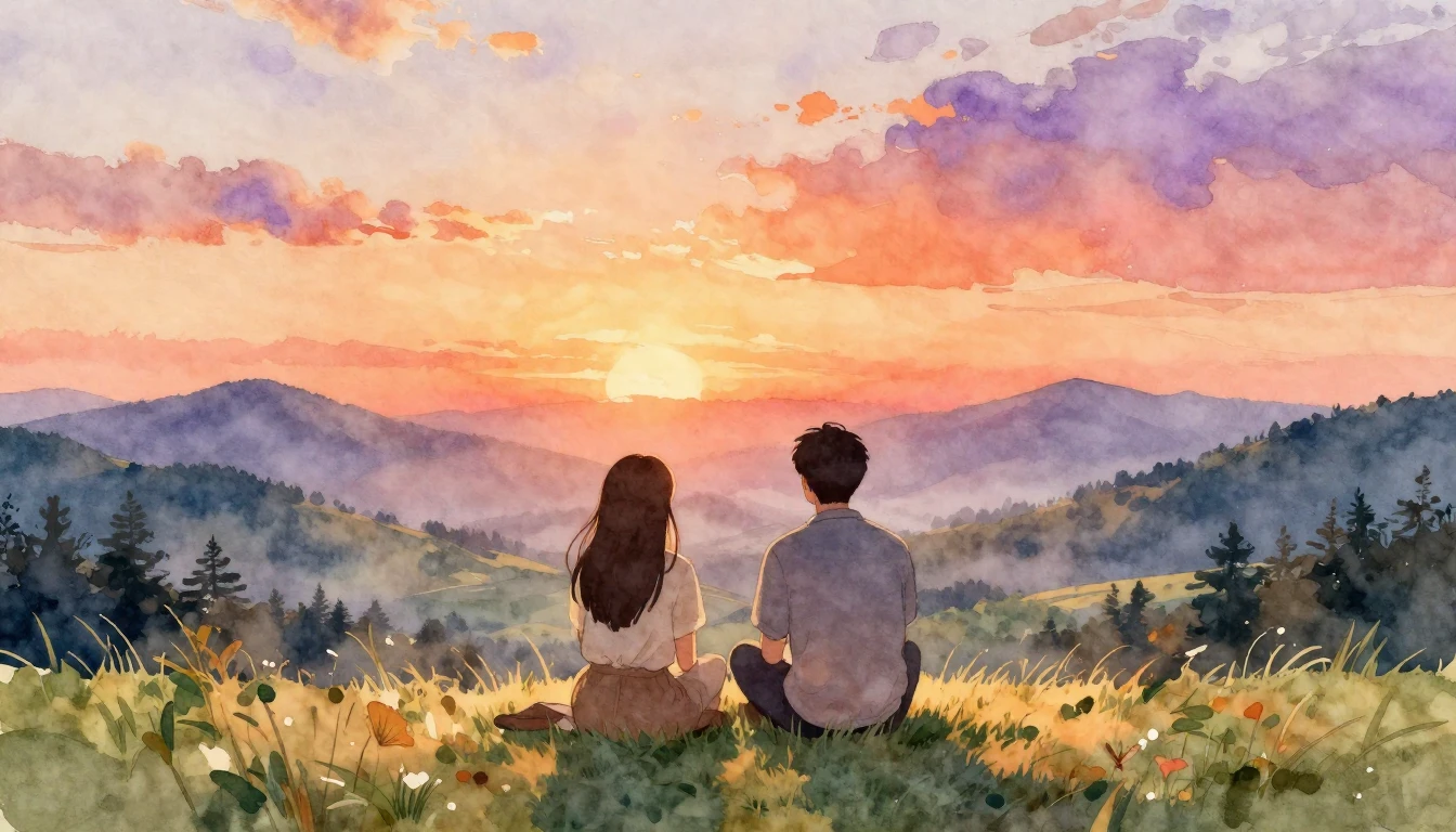 A heartwarming watercolor painting of two close friends sitt...