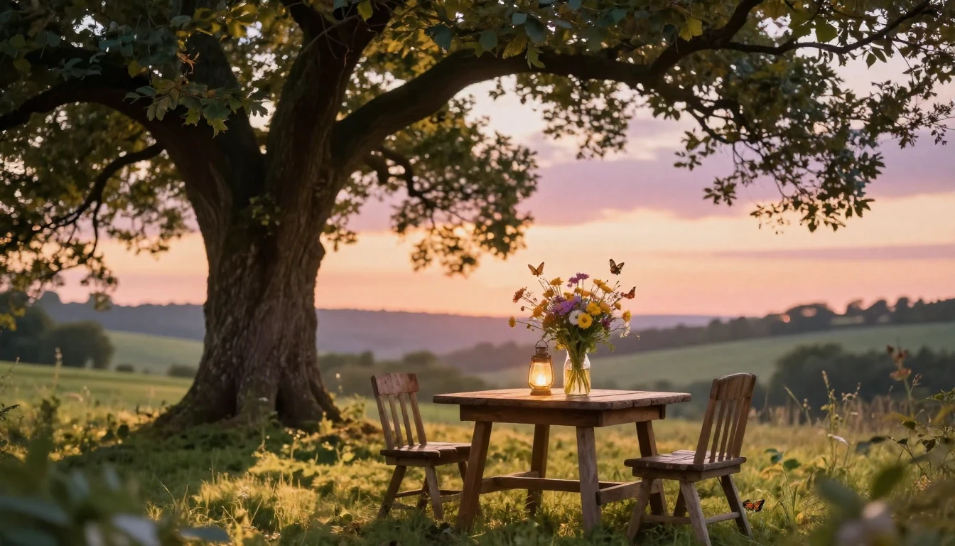A serene and enchanting garden scene at golden hour, featuri...