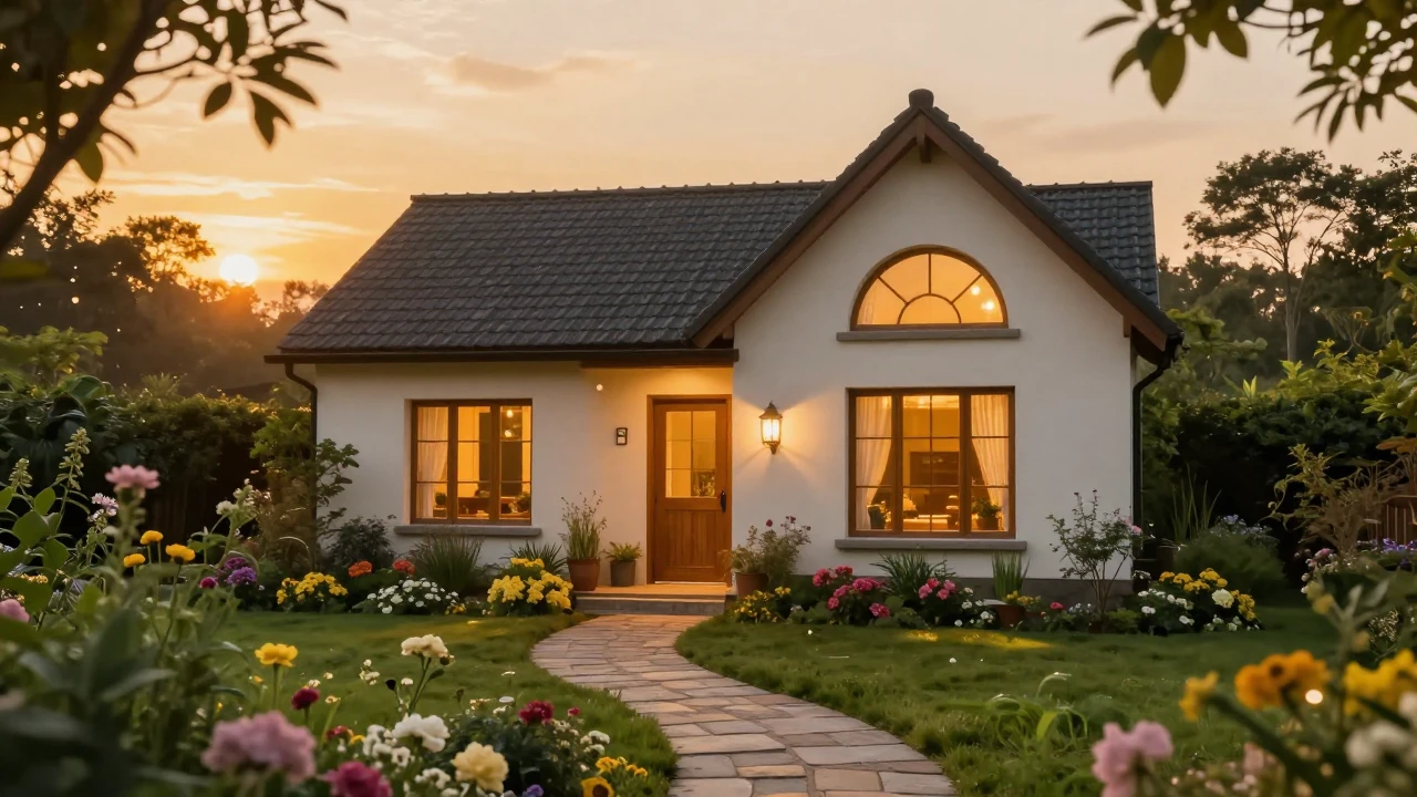 A warm and inviting cozy new house surrounded by a blooming ...