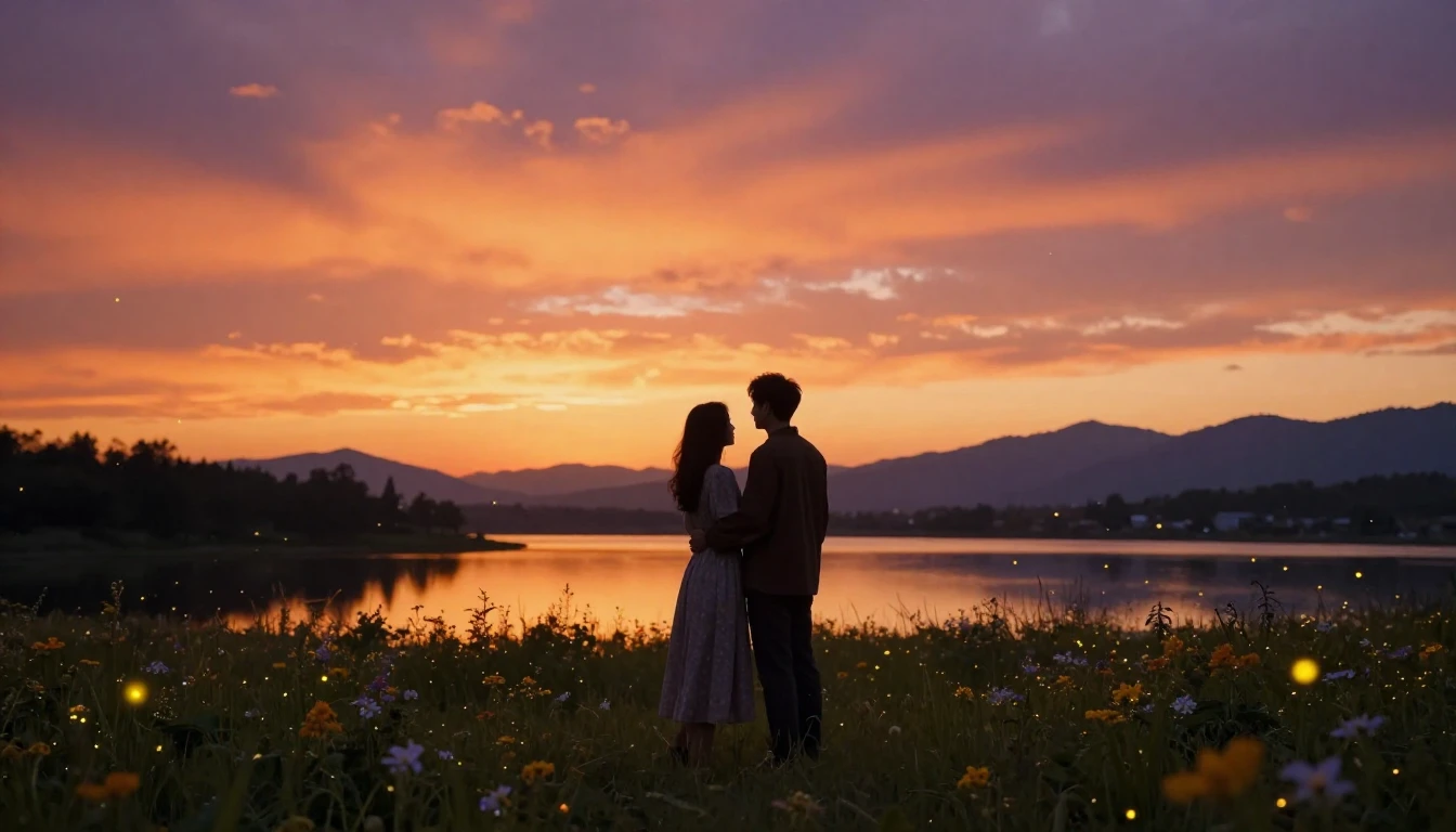 A romantic and cinematic wide shot of a couple silhouetted a...