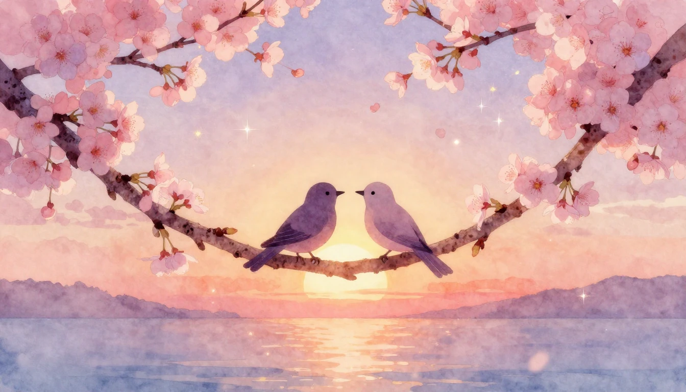 A soft, dreamy watercolor painting depicting two stylized si...