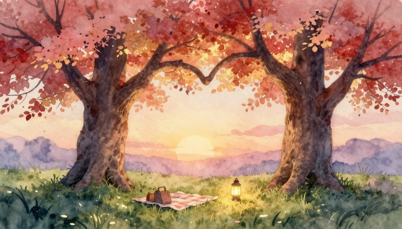 A romantic and soft watercolor painting depicting two large,...