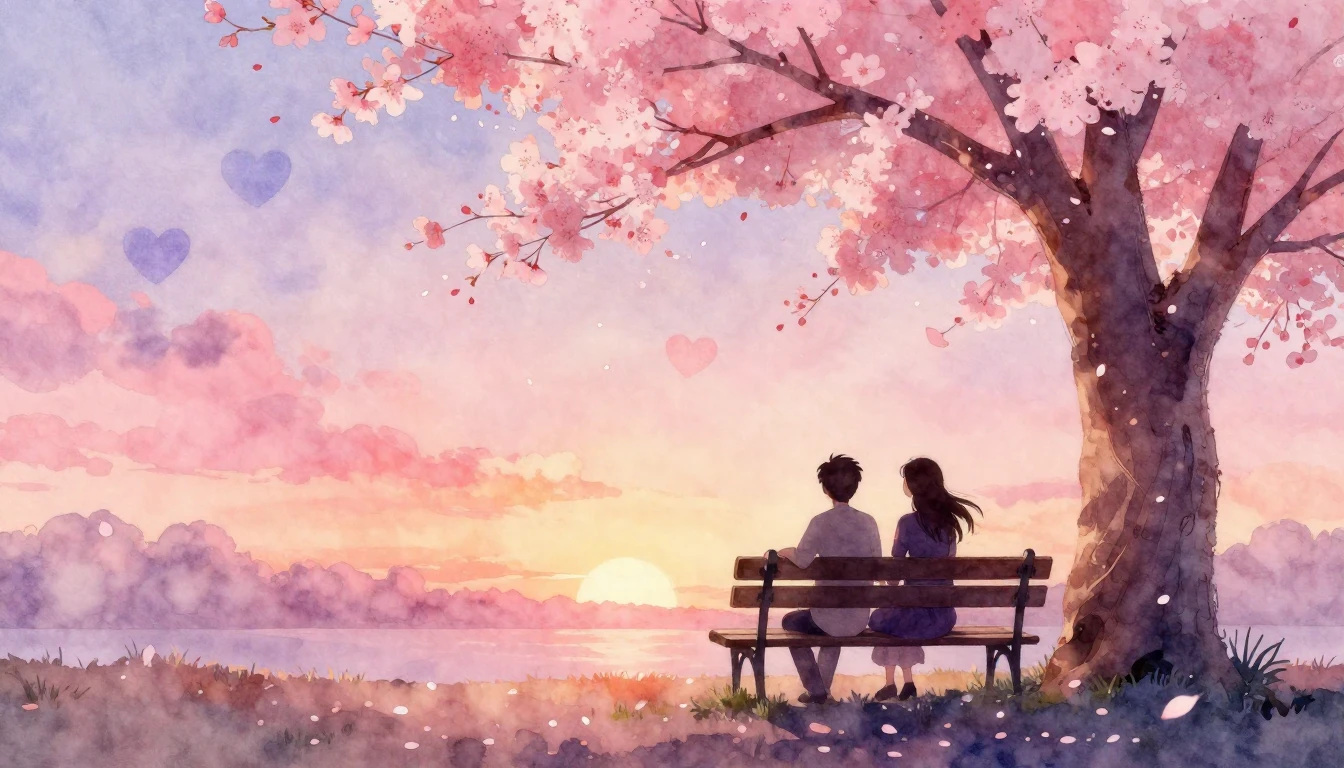 A soft and dreamy watercolor painting depicting a romantic s...