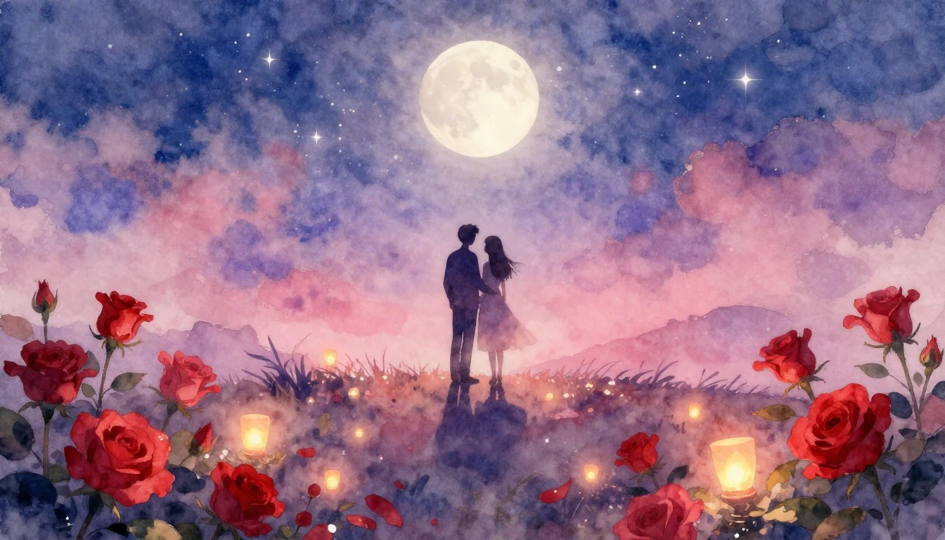 A soft and dreamy watercolor painting depicting a romantic V...