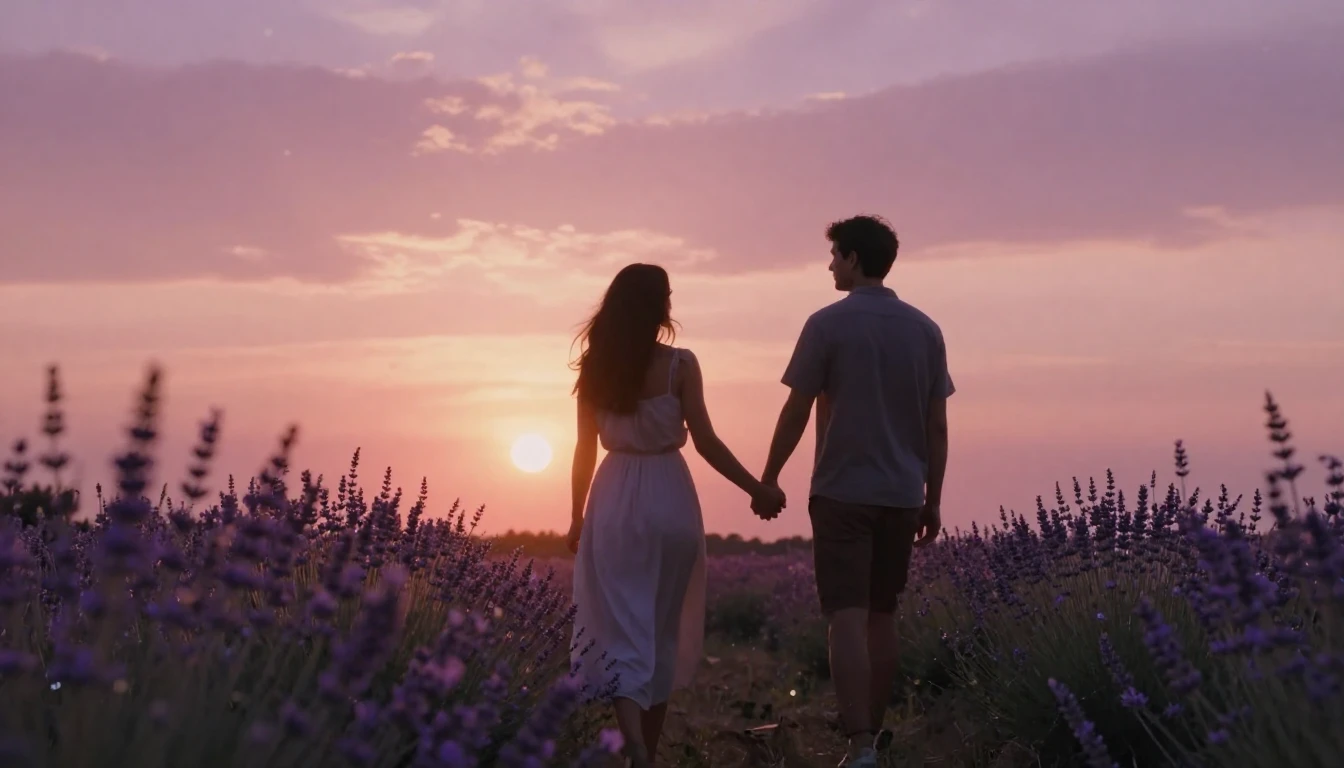 A romantic and ethereal scene of two people silhouetted agai...