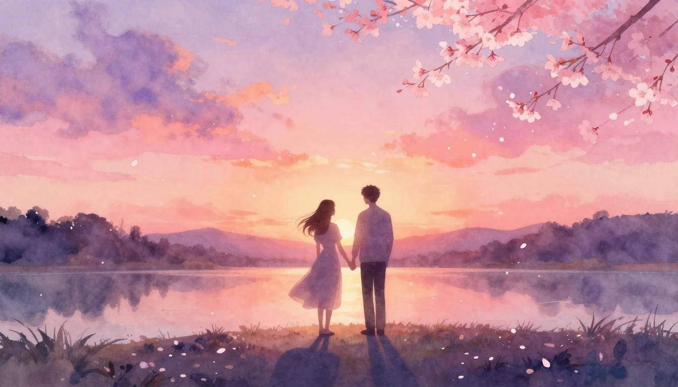 A dreamy and ethereal watercolor painting of two silhouettes...