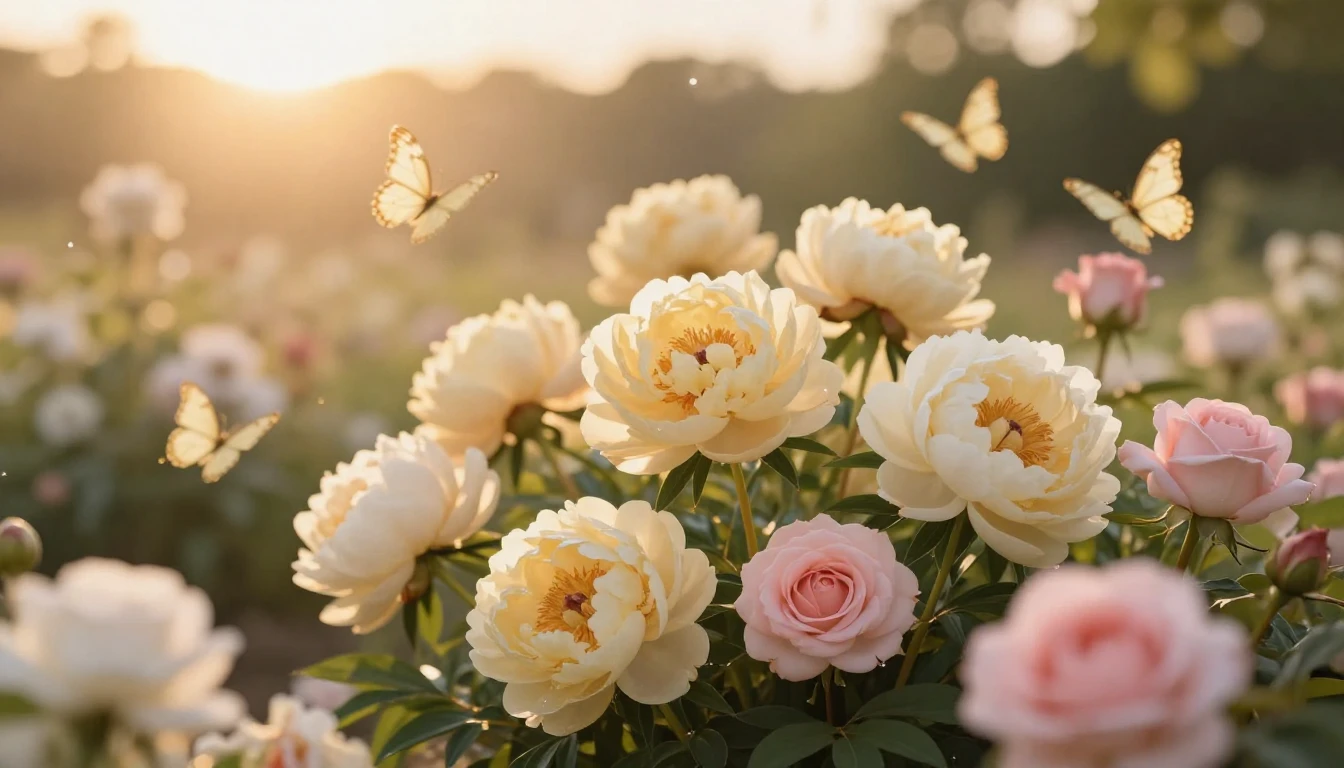 A beautiful, serene scene of a blooming garden at sunset. In...