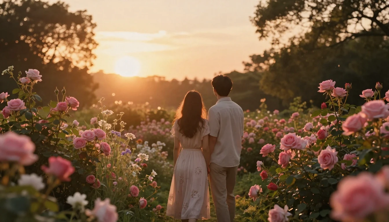 A romantic and ethereal scene during the golden hour, featur...