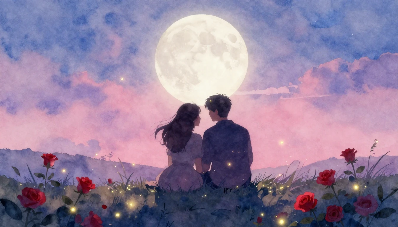 A romantic and soft watercolor painting featuring two silhou...