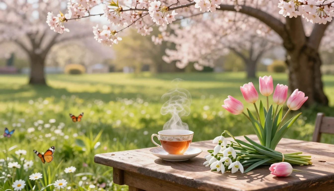 A serene and enchanting spring garden scene. In the foregrou...
