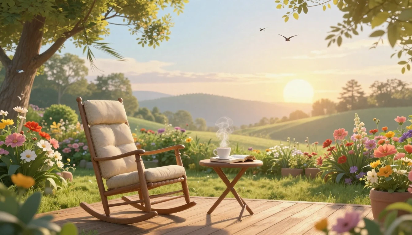 A peaceful and idyllic garden scene at sunrise, capturing th...