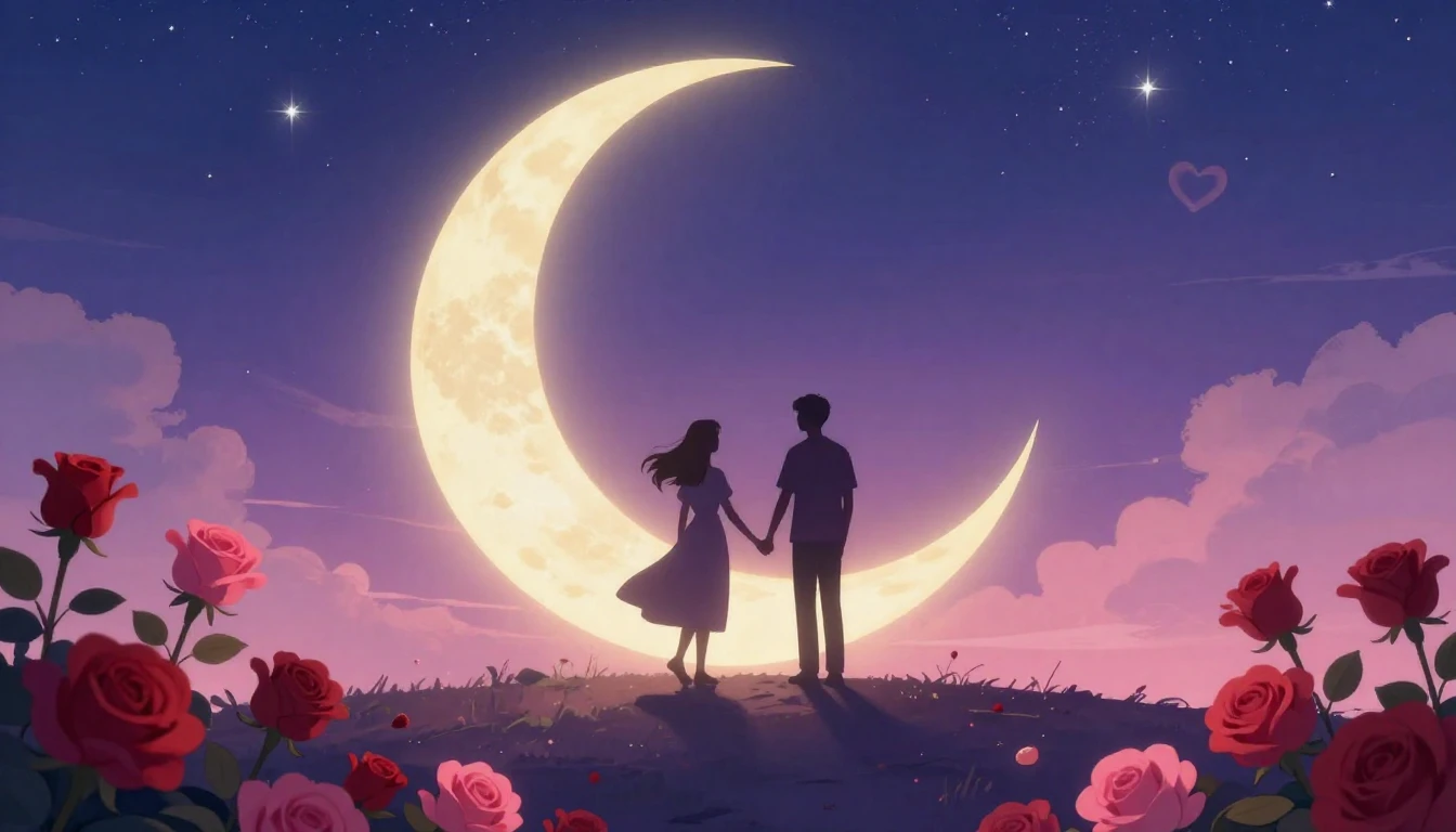 A dreamy and romantic illustration featuring two silhouettes...