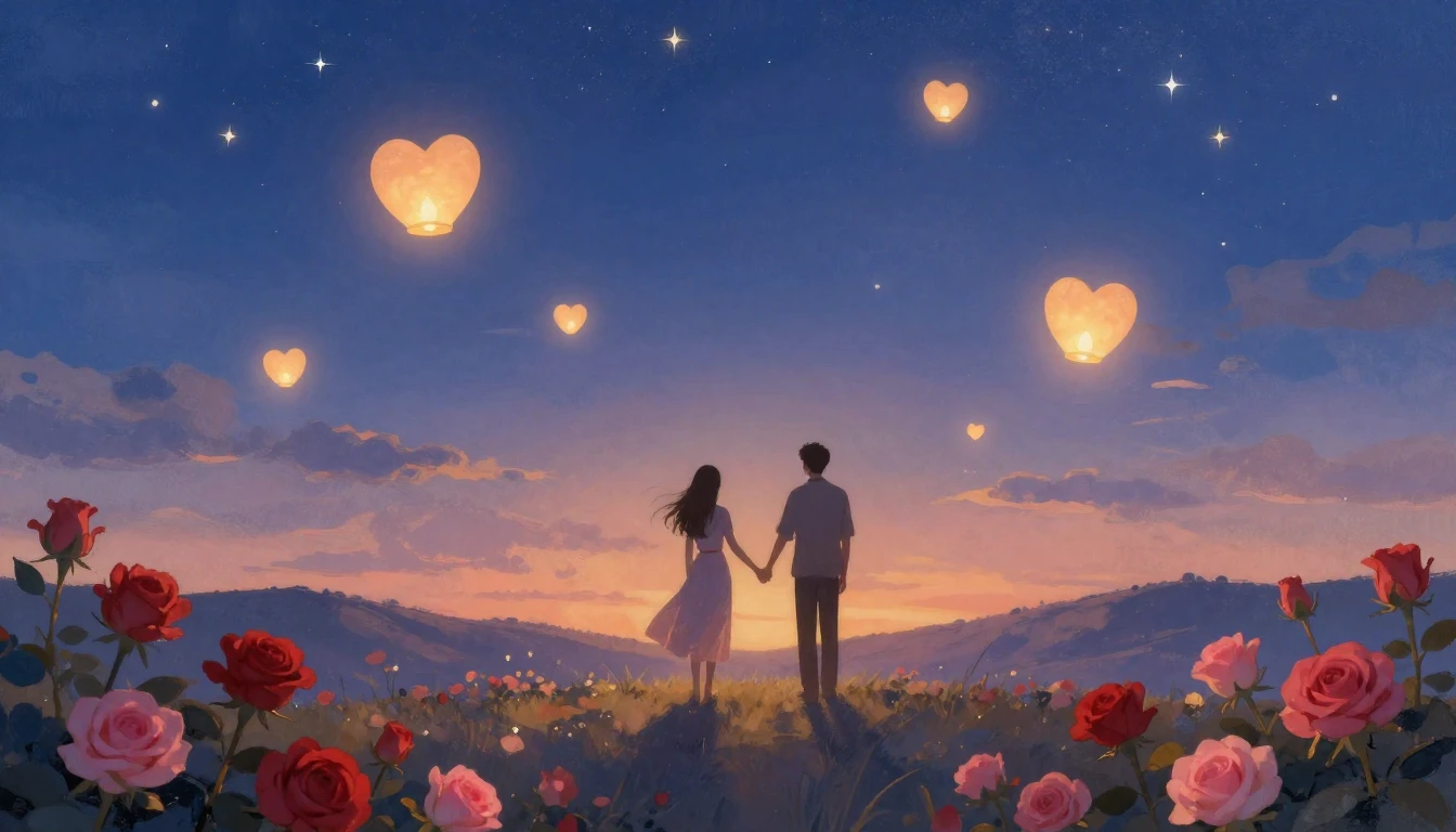 A dreamy and romantic scene depicting two silhouettes holdin...