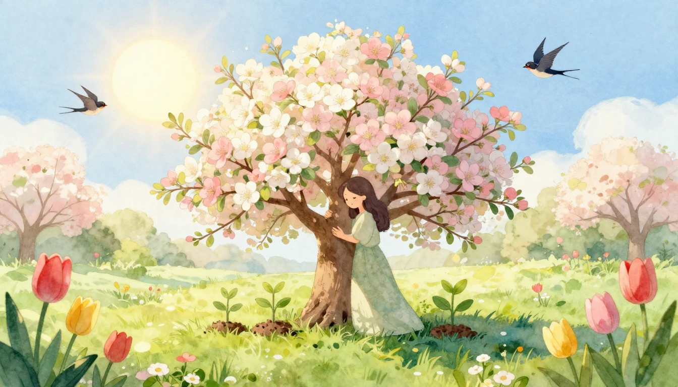 A warm and gentle watercolor illustration depicting a beauti...