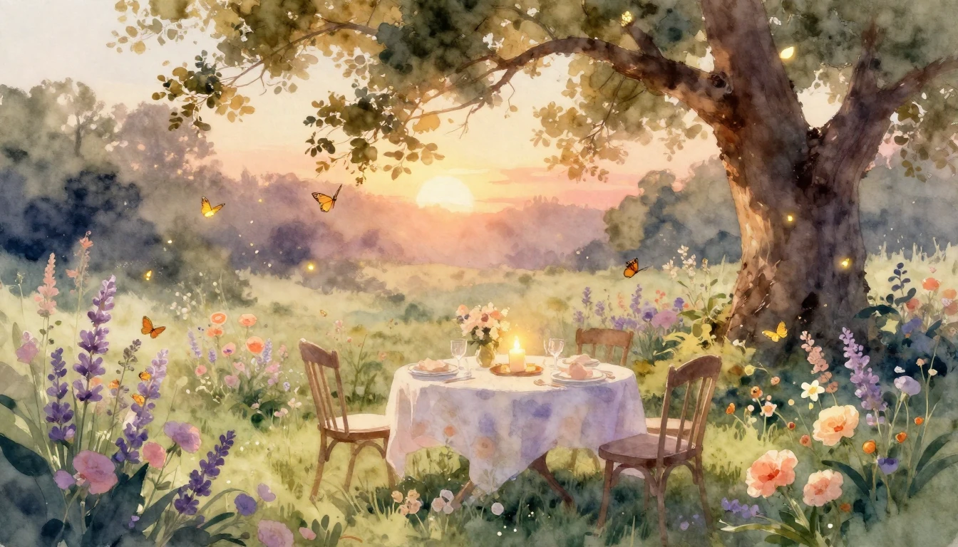 A dreamy and soft watercolor painting of a serene garden at ...