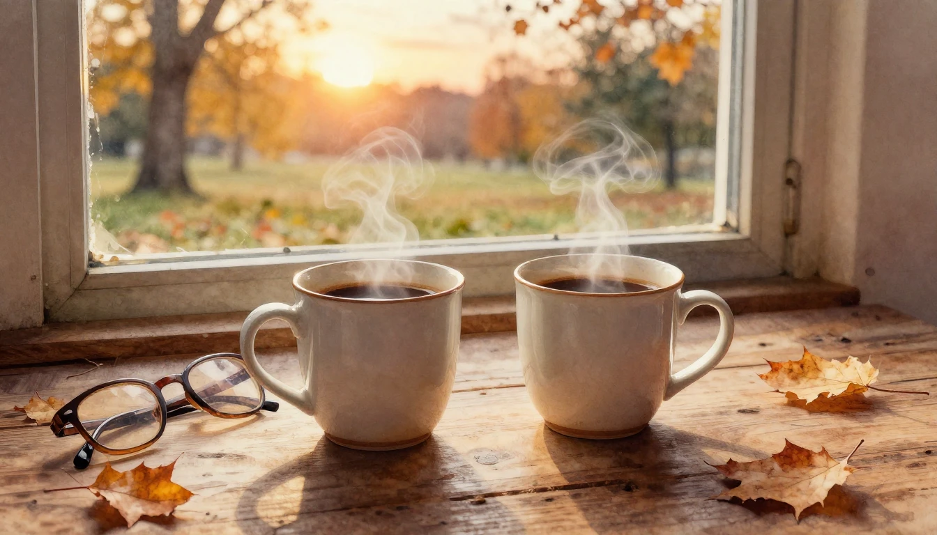 A warm and cozy scene of two steaming ceramic mugs of coffee...