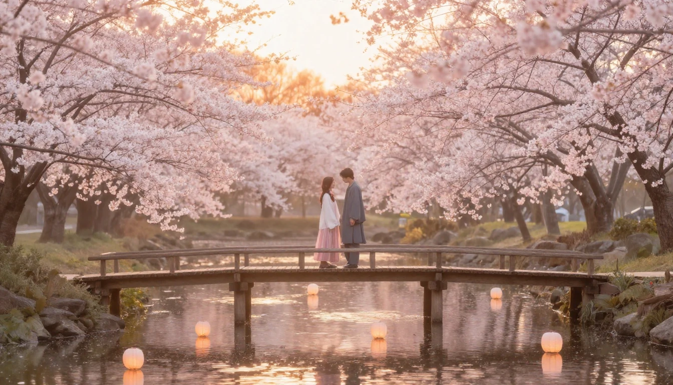 A dreamlike and romantic scene featuring two figures standin...