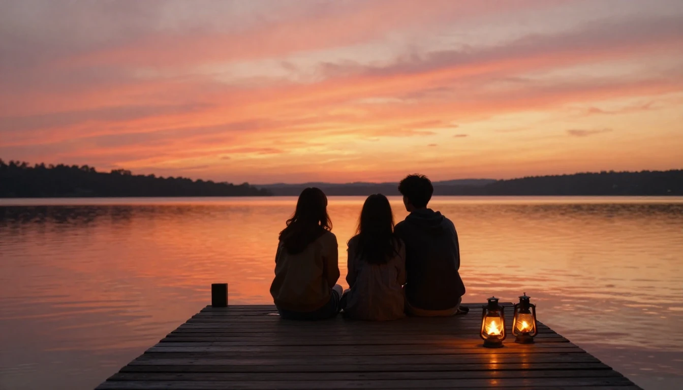 A warm and inviting scene of two silhouetted friends sitting...