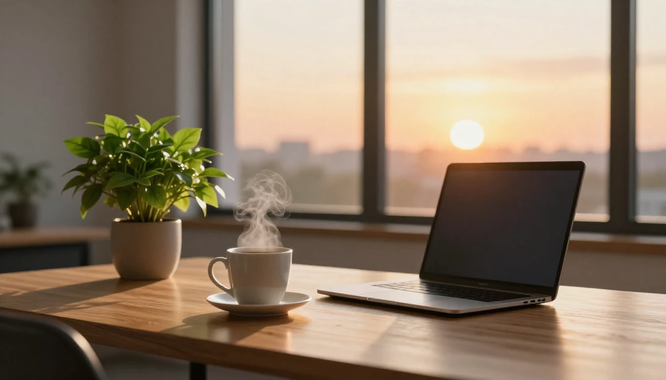 A cozy and modern office workspace with a large window overl...